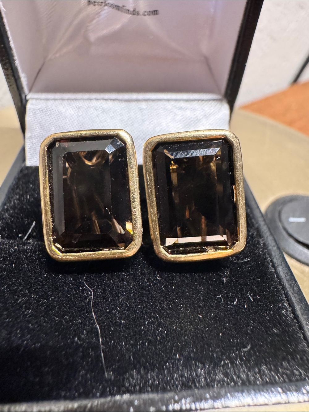 14K Bezel Emerald Cut Smokey Quartz Earrings